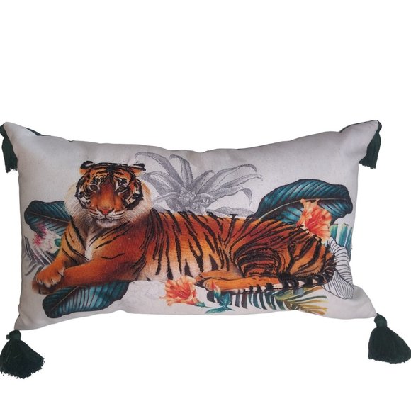 Jo-Ann Stores Royal Bengal Tiger Accent Pillow with Tassles White Green Decor - Picture 1 of 9